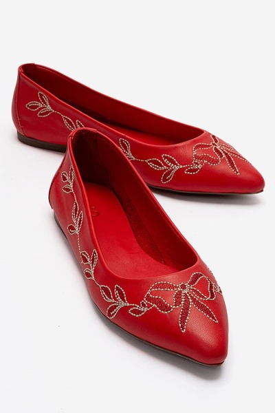 Zeynep Sıradağlı Lucas Women's Genuine Leather Embroidered Ballerinas Red