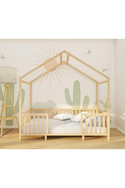 BRK Design BA AHŞAP Montessori Ahşap Orta Kapı Ayaklı Çatılı Çocuk Yatağı AOK...