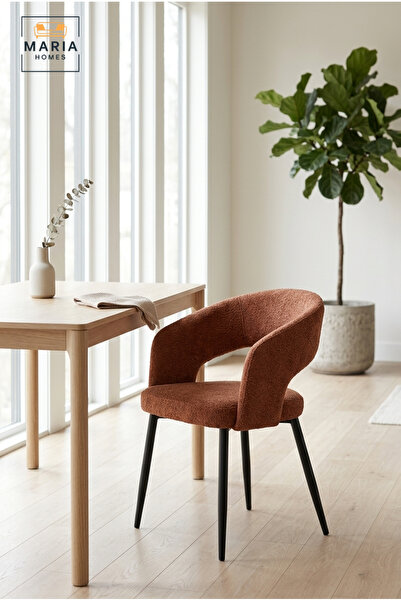 MARIA HOMES Modern Beige Upholstered Dining Chair with Curved Backrest & Meta...