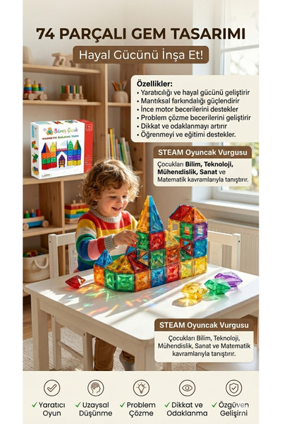 BİLMİŞ ÇOCUK Manyetik Mıknatıslı Yapı Blokları 74 Parça Magnetic Tiles
