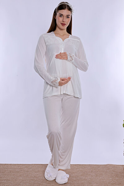 ByLohusa Adjustable Waist Elastic Cotton Maternity Pajama Set Effortt - Ecru