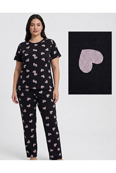 FAMES PİJAMA Summer Short Sleeve Black Plus Size Pajama Set