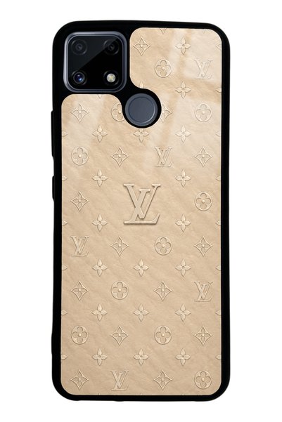 Spoyi حافظة هاتف ريلمي C25 باللون البيج الذهبي بتصميم LV اللامع