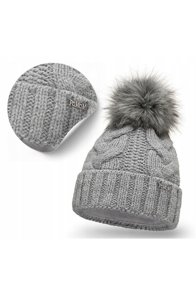 Pamami Caciula de iarna Pamami, gri deschis, 55-58 cm, captuseala fleece, pom...