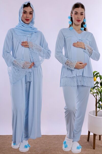 ByLohusa Hijab-Friendly Cotton Maternity Pajama and Robe Set Effortt - Blue