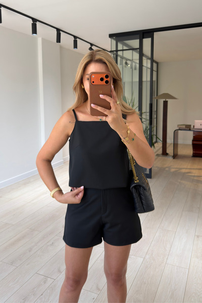 Sezgi Tekin Back Buttoned Adjustable Strap Black Blouse