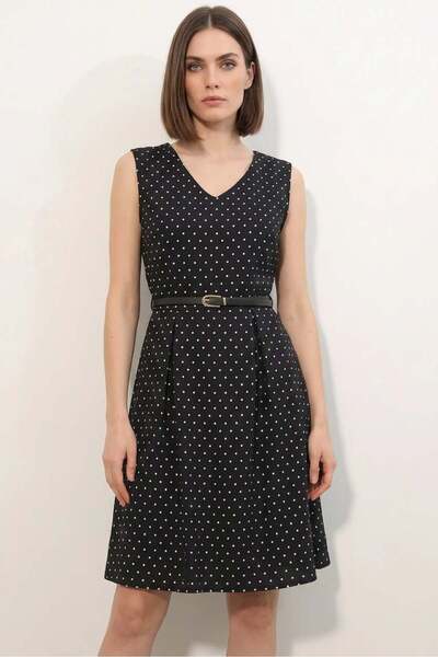 Generic Brand Women's V-Neck Belted Polka Dot Black Dress