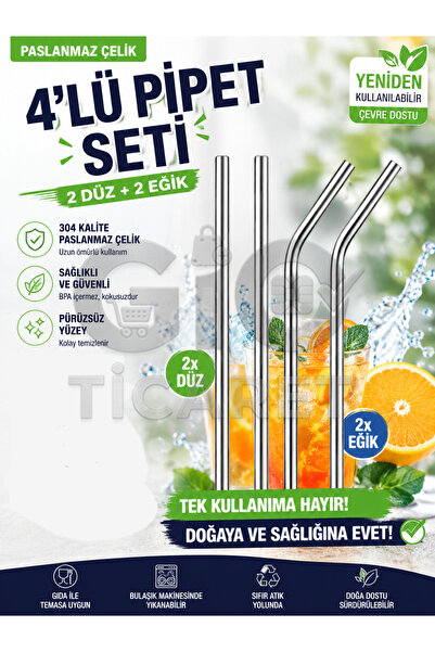 TTT 4'lü Paslanmaz Çelik Pipet Seti (2 Düz 2 Eğik) Yeniden Kullanılabilir Yık...