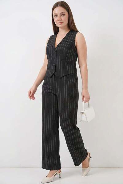 ALFA AKSESUAR 03 Women's V-Neck Striped Black Two-Piece Set