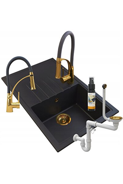 Granitan Chiuveta de granit Eris, Granitan, mixer de bucatarie auriu, Negru