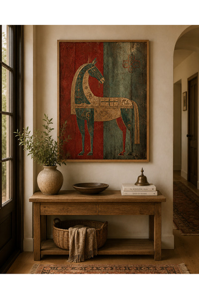 Boho wellness studio – Vintage Horse Folk Art Ahşap Çerçeveli Tablo