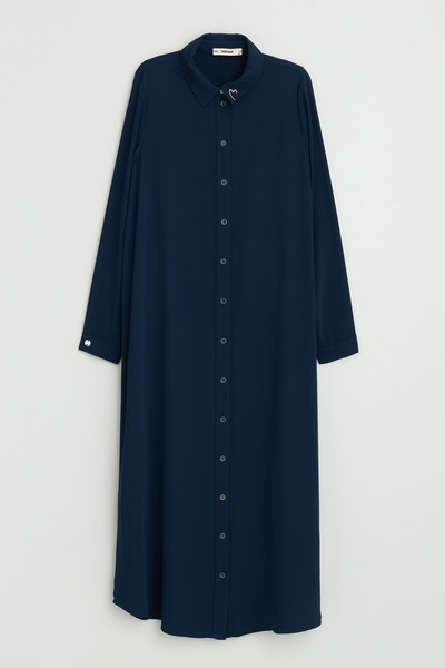 Nihan Plus Size Shirt Collar Brooched Long Tunic - Navy Blue