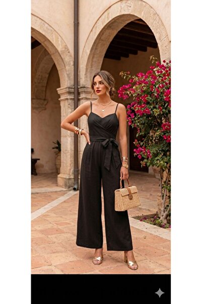 tülaybutik Women's Summer Strappy V-Neck Wide-Leg Jumpsuit