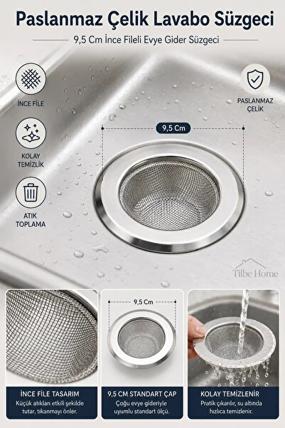 Ercazzo Lavabo Mutfak Süzgeci Çelik İnce Fileli Evye Gider Süzgeç Mutfak Banyo Atık Tutucu Tümüne Uygun