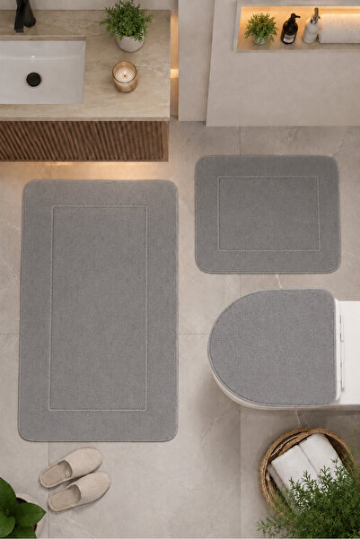 Bonny Home Gray 3-Piece Bathroom Rug Mat Set with Non-Slip Base, Washable Toi...