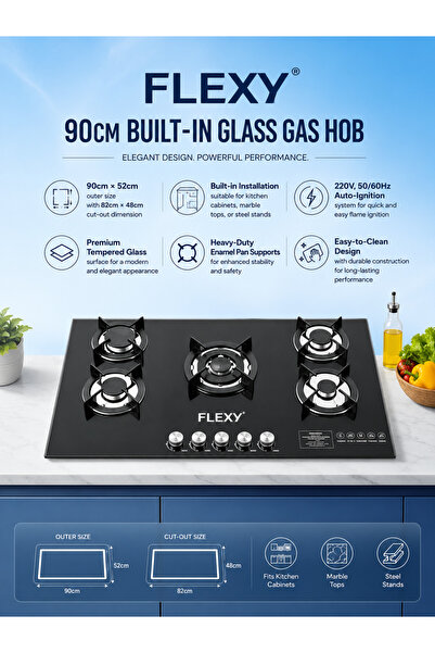 flexy 90cm Built-in Glass Gas Hob with Auto Ignition | 90×52cm Premium Kitche...