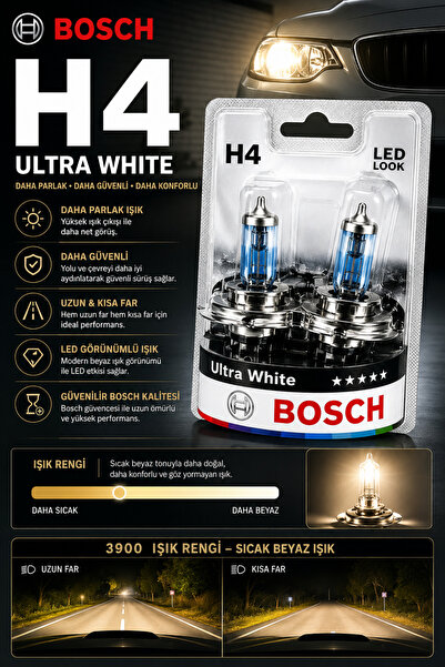 Bosch H4 Ultra White 12V 60/55W Halojen Far Ampulü Çiftli Set LED Görünümlü G...