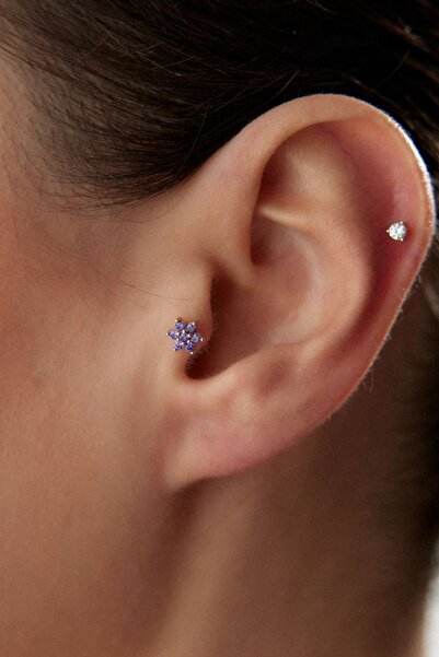 YAVUZ KUYUMCULUK 14 Ayar Altın Mor Taşlı Papatya Piercing