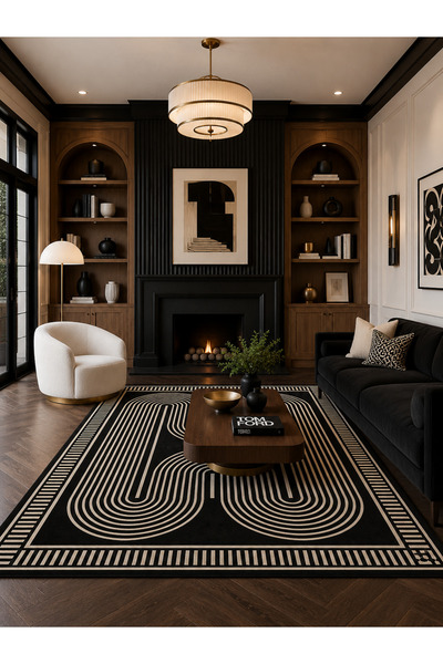 Homeilla Geometrik Kemer Desenli Siyah Krem Dekoratif Halı