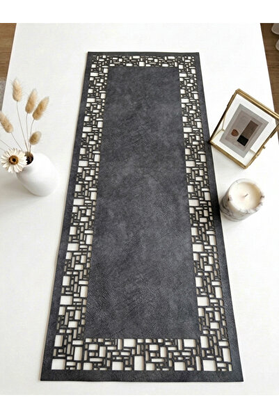 Ergüven Home Koyu Gri Süet Kumaş Runner 40x100 Cm Sehpa Boyu - Geometrik Dört...