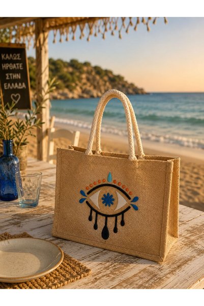modekamoda Natural Jute Shopping, Shoulder, Arm, Beach Bag, Straw Colored with Evil Eye Embroidery 42X12X35