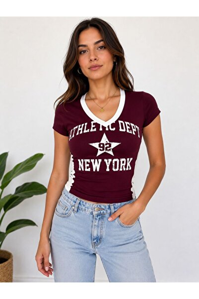 Machetta Women's V-Neck New York Printed Short Sleeve Crop Blouse