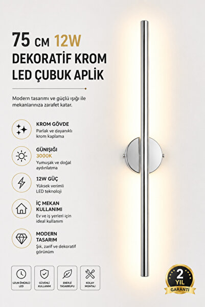 VOLTERRA 75 CM DEKORATİF ÇUBUK APLİK KROM KASA GÜNIŞIĞI