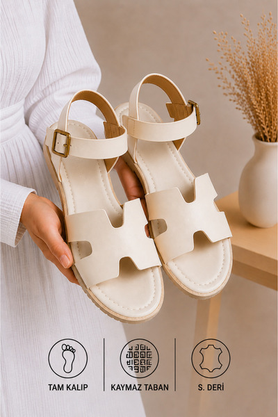 star shoes Beige Leather Women's Sandals Buckle Casual Sandals