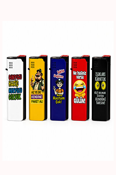 ONRSTORE Komik Yazılı Gazlı Çakmak Seti 5'li Karışık Desenli Hediyelik Koleks...