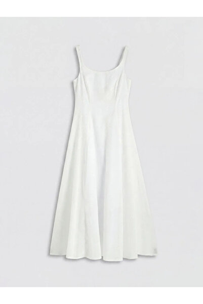 LC Waikiki White U-Neck Brode Dress with Waist Belt