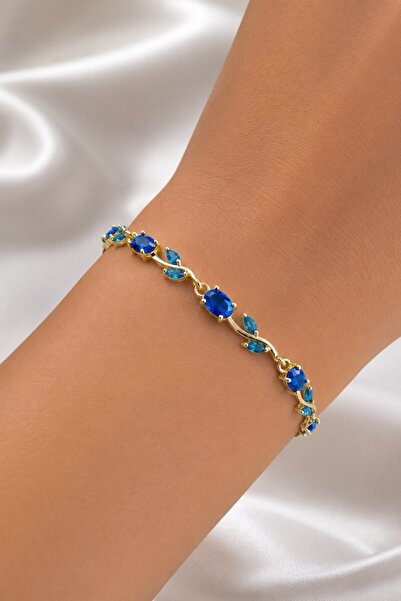 serelya Brass Gold Color Blue Zircon Stone Flower Model Women's Bracelet