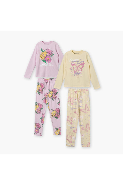 Juniors Pack of 2 Cotton Round Neck Long Sleeve Pyjama Set with Print