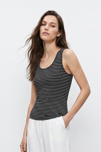 Rays Black Zero Sleeve Crew Neck Striped Blouse 8631A