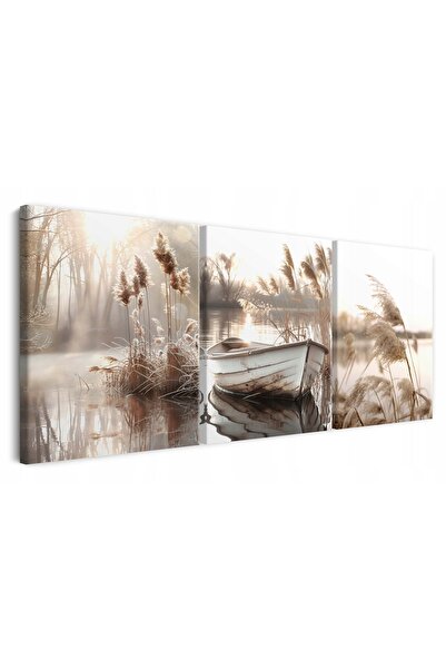 Naklejkomania Tablou pe panza triptic pentru perete in living, barca lac bej ...