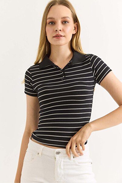 Raneel Kazançlı Alışveriş Tricou de damă cu guler polo și model în dungi, negru