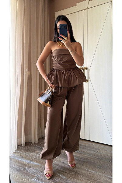 My Blog Set bluză maro cu balon și pantaloni shalwar - 7334