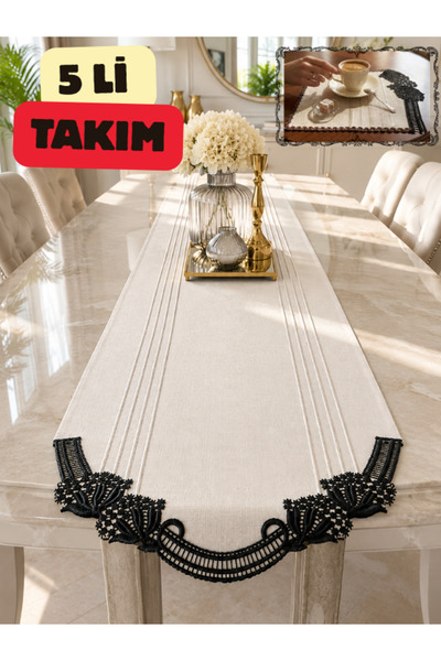 Lurji Black Embroidered 5-Piece Runner and Presentation Set - Tablecloth Set