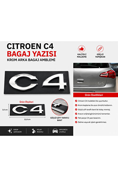 İthal Citroen C4 Bagaj Yazısı Krom Arka Bagaj Amblemi Logo Uyumlu