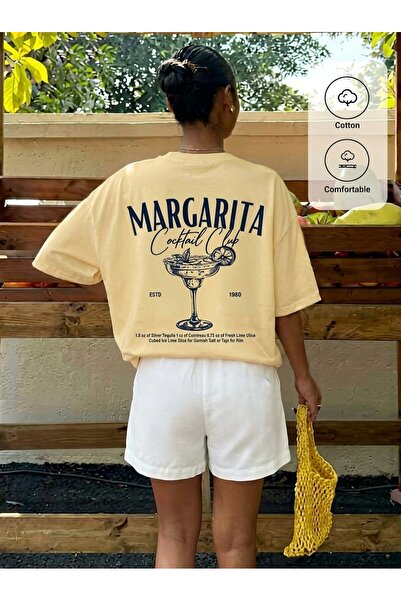 EFFRENATU Women's Blue Oversize Printed T-Shirt Margarita Cocktail Club Back ...