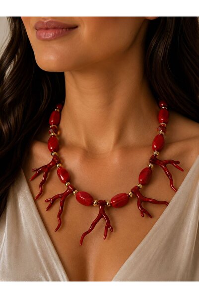 BIJUTERI Coral Detailed Red Beaded Necklace