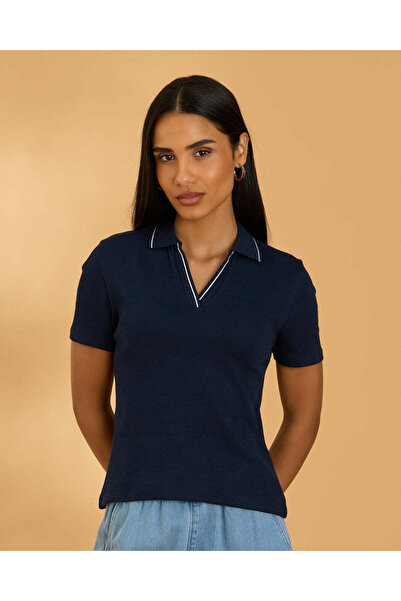 REDTAG Women Navy Ribbed Polo T Shirt
