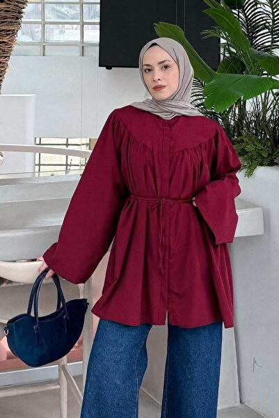 lamelif Tie-Dye Detailed Hijab Shirt Burgundy