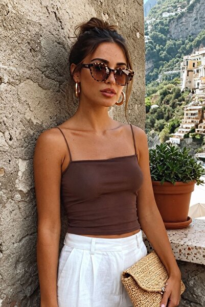 armonika Women's Dark Brown Rope Strap Lined Crop Blouse Arm-22Y055003