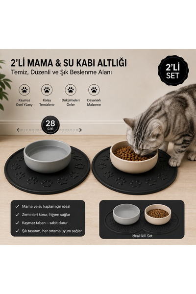 Black Gold 2'li Kedi Köpek Mama ve Su Kabı Altlığı 28 Cm Kaymaz Yıkanabilir H...