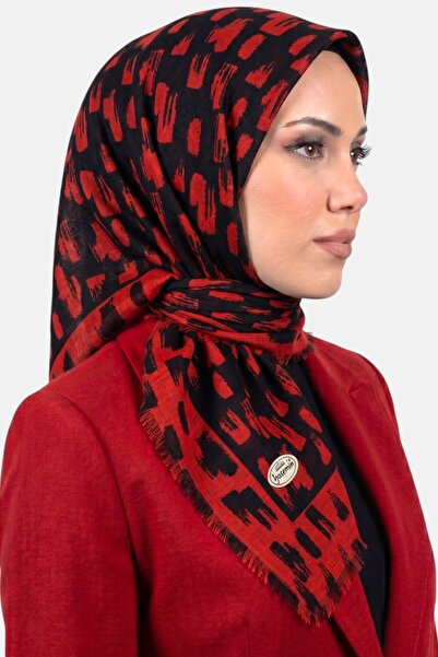 hadiora Women's Black Red Brush Patterned Flared Twill Scarf