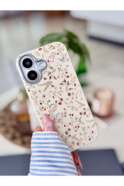 Go Aksesuar Iphone 17 Uyumlu Baskı Krem Deri Çiçek Tasarımlı Koruyucu Esnek S...