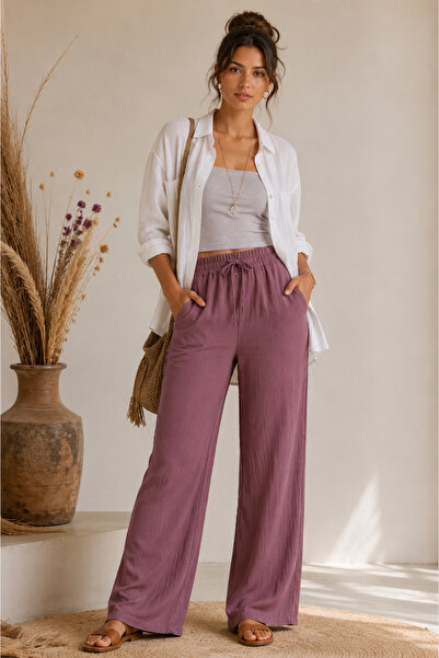 FORMO Women's 100% Natural Cotton Muslin Fabric Quality Wide-Legged Pants wit...