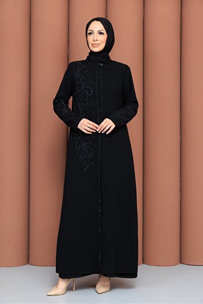 PAVENTİ Mother's Dress with Stones on the Front and Sleeves, Black