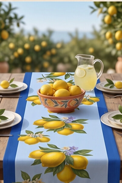 Atay Home Akdeniz Esintisi Limon Desenli Dekoratif Masa Runner 40x140 cm Mavi