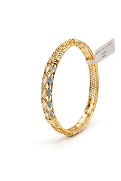 Generic Gold Tone Geometric Pattern Bangle Bracelet with Blue and White Ename...